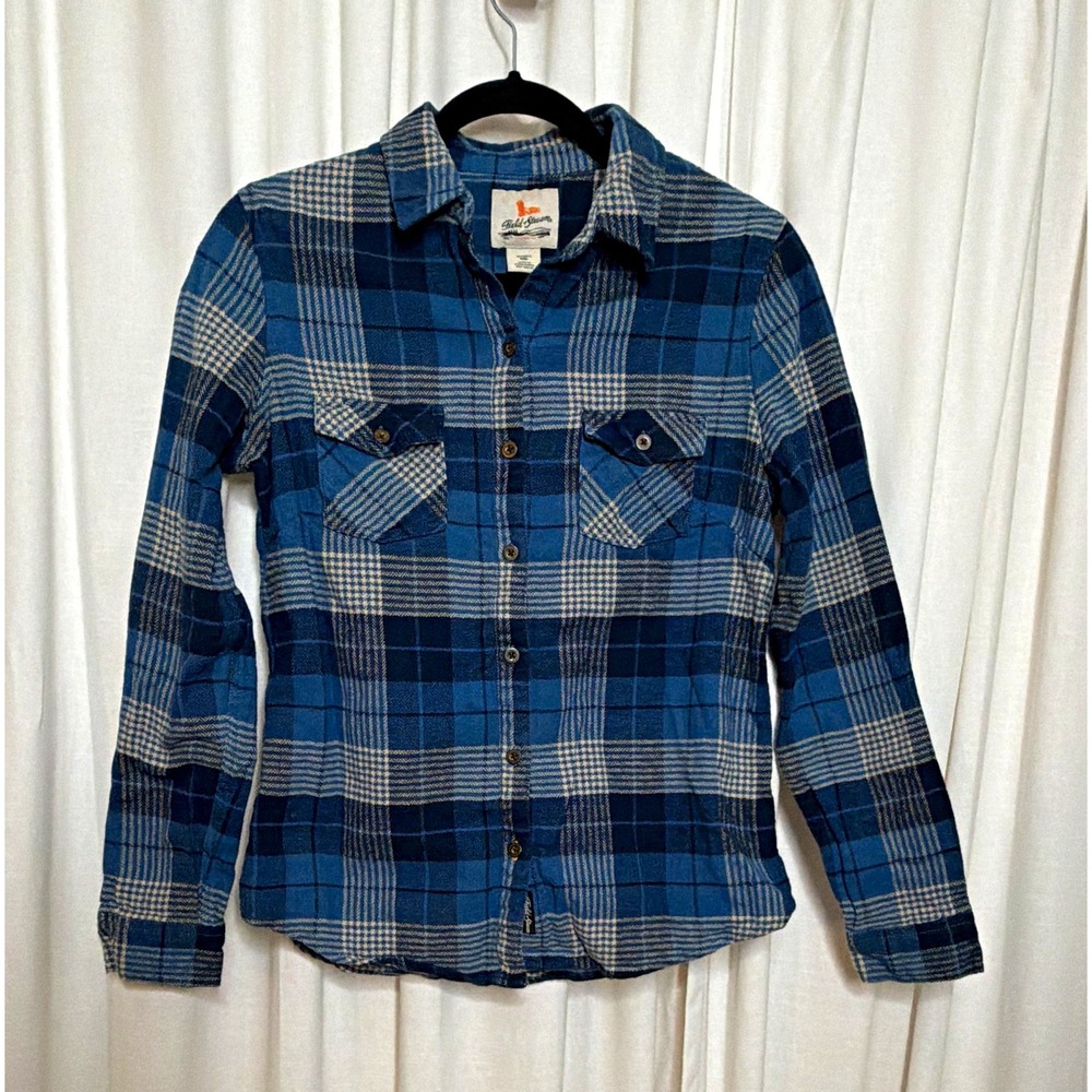 Vtg Field & Stream Women's Blue White Plaid Flannel Button-Up Shirt Pockets M